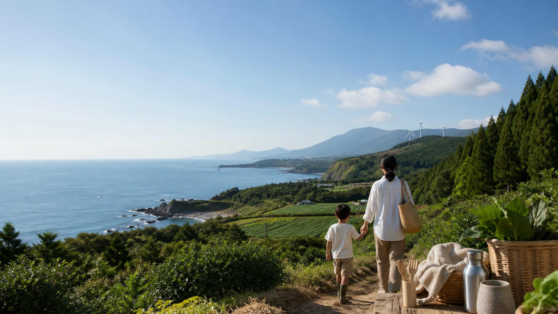 A family overlooking clean water, forest, farmland, and renewable energy